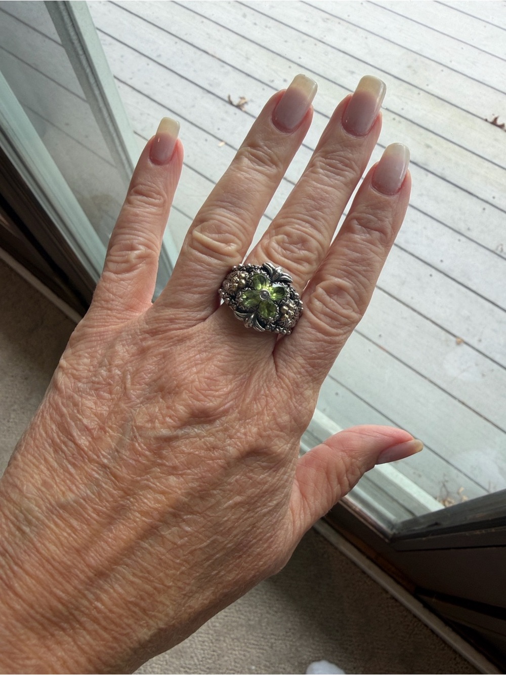 Sterling Floral Peridot-Accent Statement Ring in Green